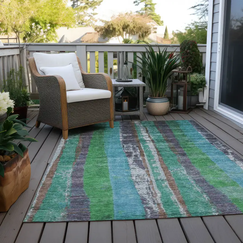Teal Blue Ivory And Green Striped Washable Indoor Outdoor Area Rug Photo 5