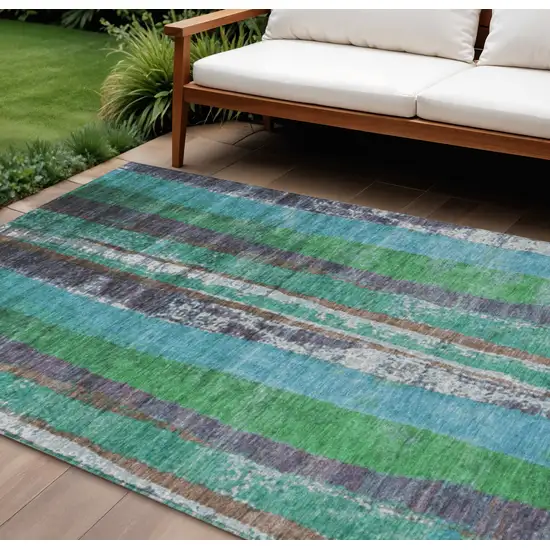 Teal Blue Ivory And Green Striped Washable Indoor Outdoor Area Rug Photo 2