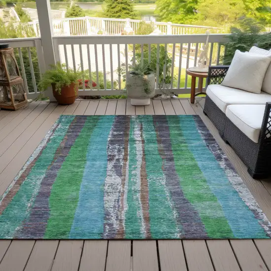 Teal Blue Ivory And Green Striped Washable Indoor Outdoor Area Rug Photo 8