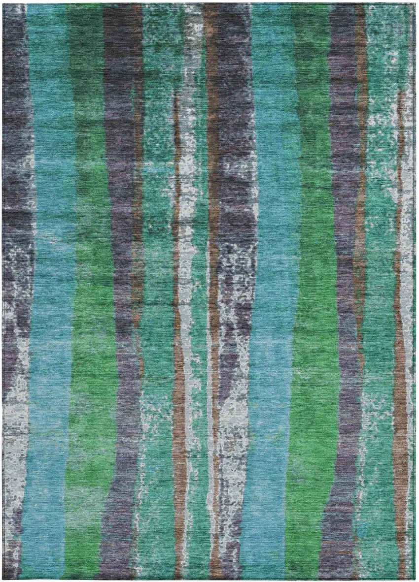 Teal Blue Ivory And Green Striped Washable Indoor Outdoor Area Rug Photo 9