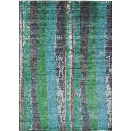 Teal Blue Ivory And Green Striped Washable Indoor Outdoor Area Rug Photo 1