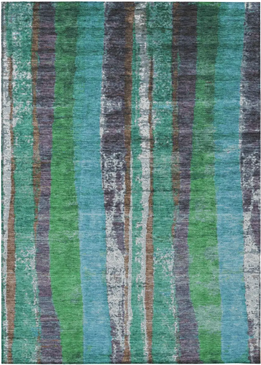 Teal Blue Ivory And Green Striped Washable Indoor Outdoor Area Rug Photo 1