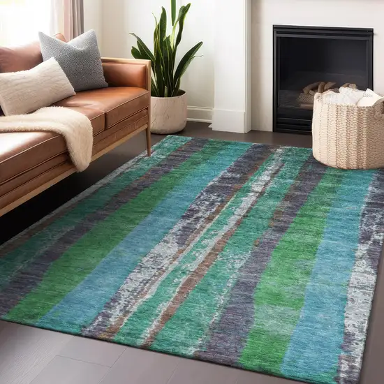 Teal Blue Ivory And Green Striped Washable Indoor Outdoor Area Rug Photo 5