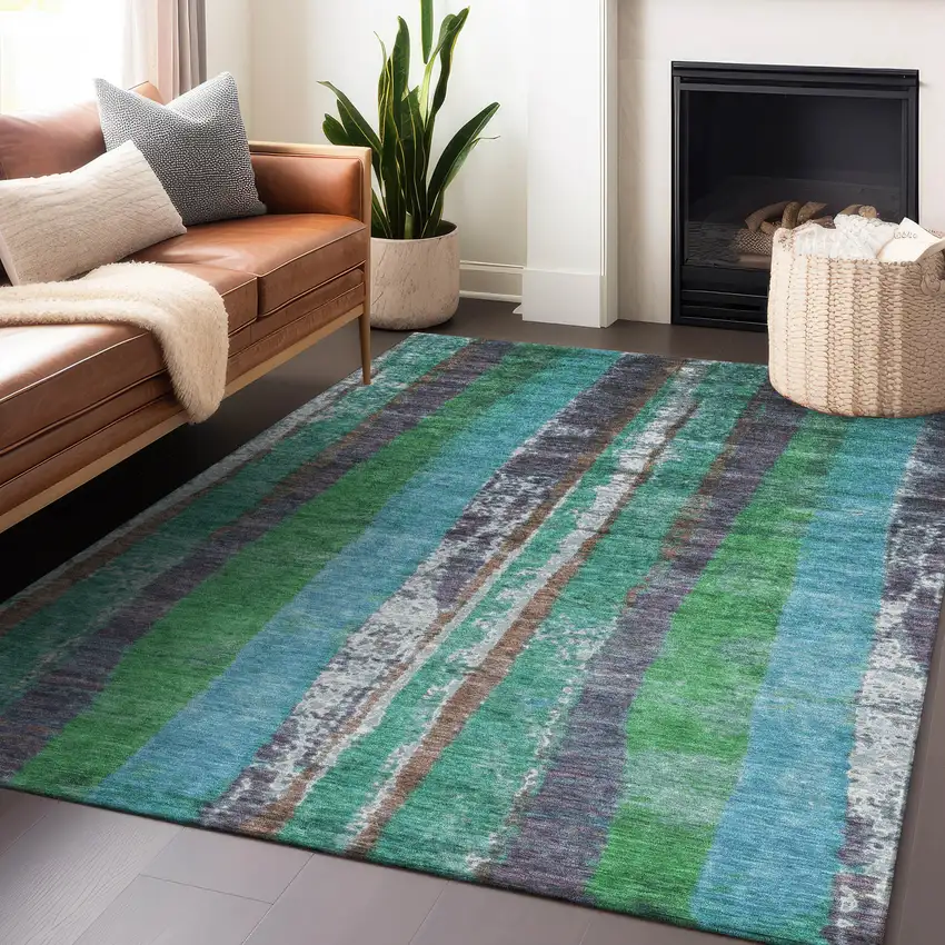 Teal Blue Ivory And Green Striped Washable Indoor Outdoor Area Rug Photo 5