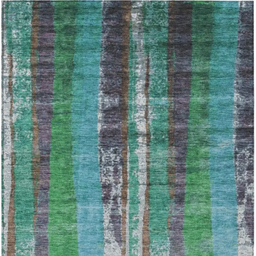 Teal Blue Ivory And Green Striped Washable Indoor Outdoor Area Rug Photo 3