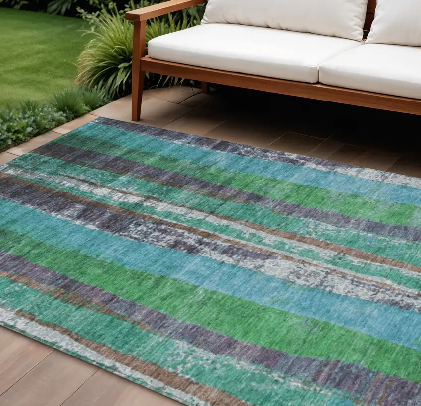 Teal Blue Ivory And Green Striped Washable Indoor Outdoor Area Rug Photo 2