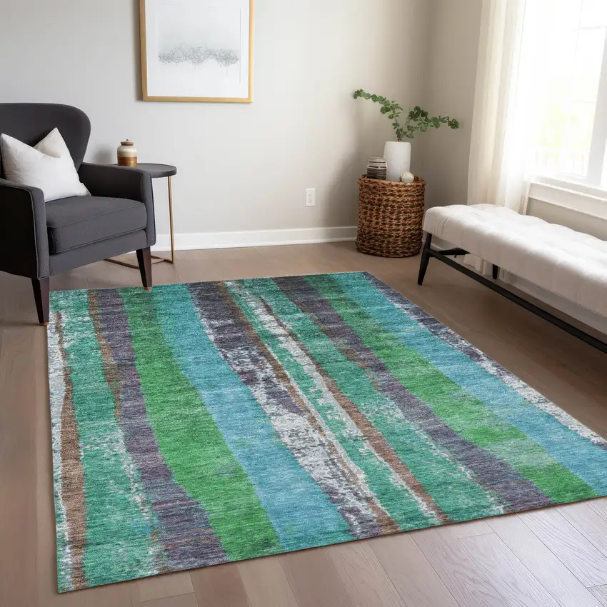 Teal Blue Ivory And Green Striped Washable Indoor Outdoor Area Rug Photo 6