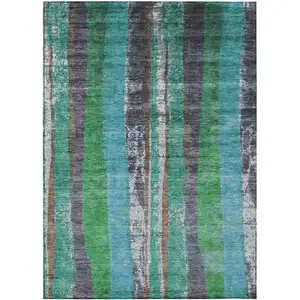 Photo of Teal Blue Ivory And Green Striped Washable Indoor Outdoor Area Rug