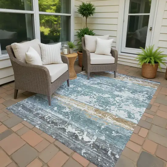 Teal Blue Ivory And Khaki Striped Washable Indoor Outdoor Area Rug Photo 3