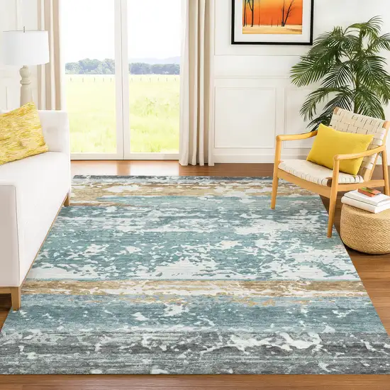 Teal Blue Ivory And Khaki Striped Washable Indoor Outdoor Area Rug Photo 4