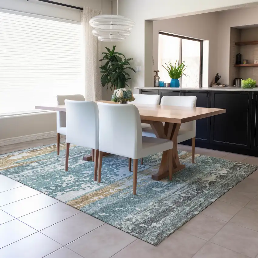 Teal Blue Ivory And Khaki Striped Washable Indoor Outdoor Area Rug Photo 5