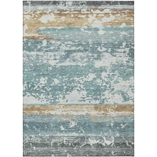 Teal Blue Ivory And Khaki Striped Washable Indoor Outdoor Area Rug Photo 9