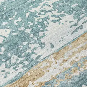 Photo of Teal Blue Ivory And Khaki Striped Washable Indoor Outdoor Area Rug