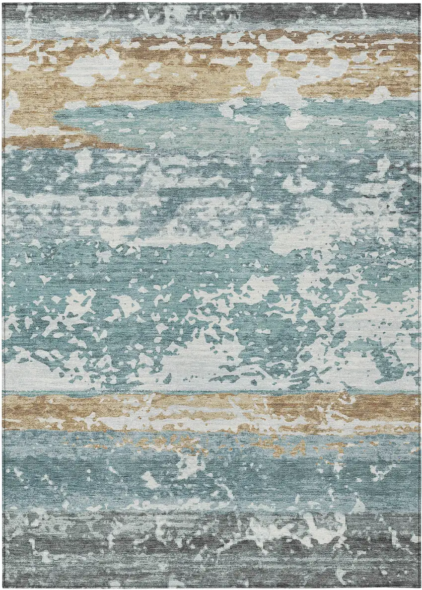 Teal Blue Ivory And Khaki Striped Washable Indoor Outdoor Area Rug Photo 9
