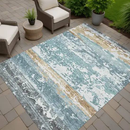 Teal Blue Ivory And Khaki Striped Washable Indoor Outdoor Area Rug Photo 7