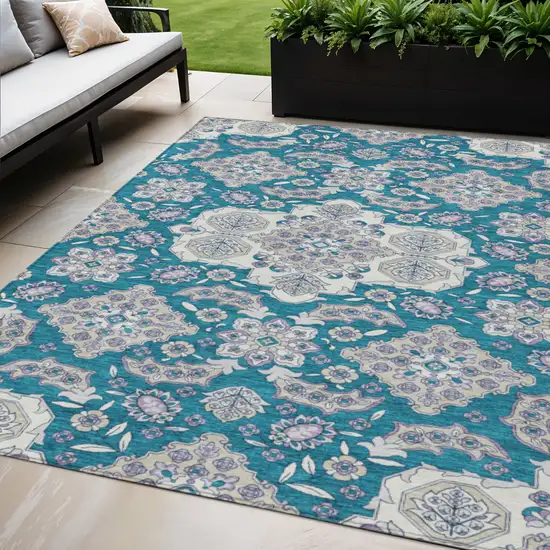 Teal Blue Ivory And Lavender Medallion Washable Indoor Outdoor Area Rug Photo 2