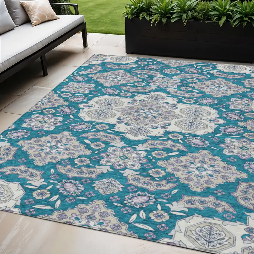 Teal Blue Ivory And Lavender Medallion Washable Indoor Outdoor Area Rug Photo 2