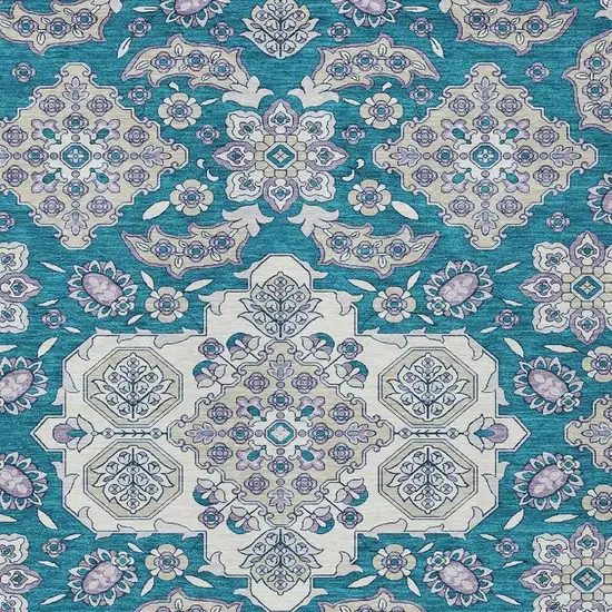 Teal Blue Ivory And Lavender Medallion Washable Indoor Outdoor Area Rug Photo 4