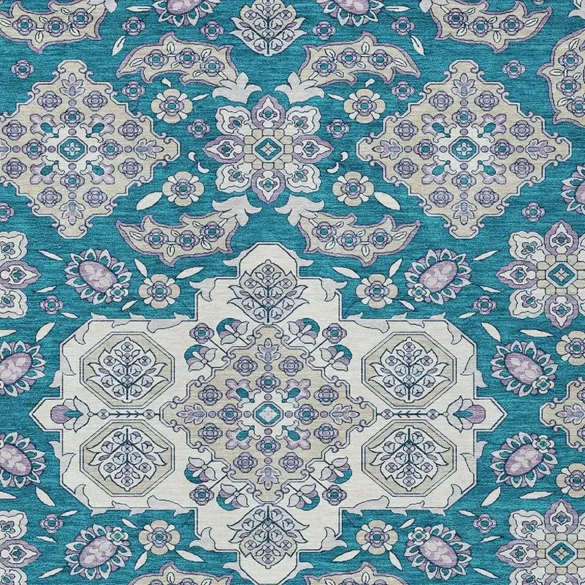 Teal Blue Ivory And Lavender Medallion Washable Indoor Outdoor Area Rug Photo 4