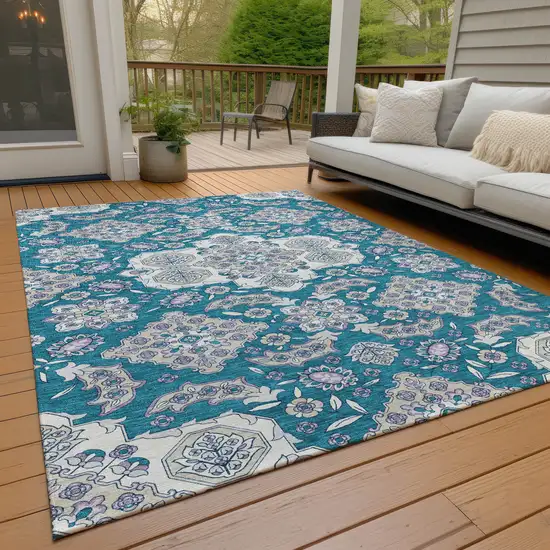 Teal Blue Ivory And Lavender Medallion Washable Indoor Outdoor Area Rug Photo 8