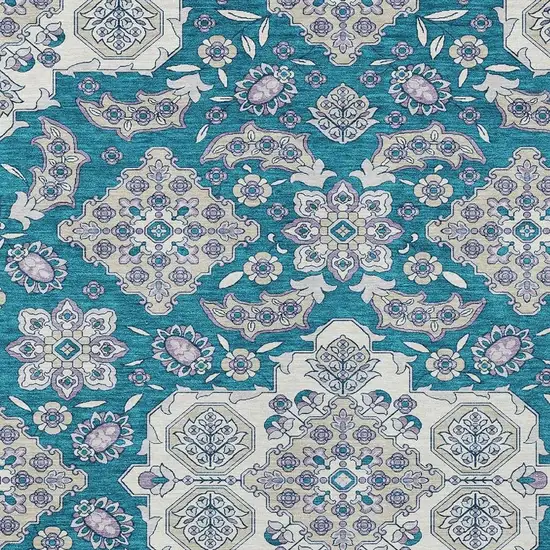 Teal Blue Ivory And Lavender Medallion Washable Indoor Outdoor Area Rug Photo 3