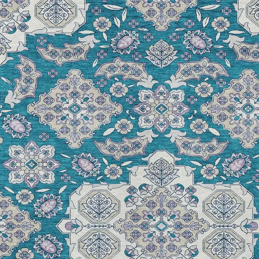 Teal Blue Ivory And Lavender Medallion Washable Indoor Outdoor Area Rug Photo 3
