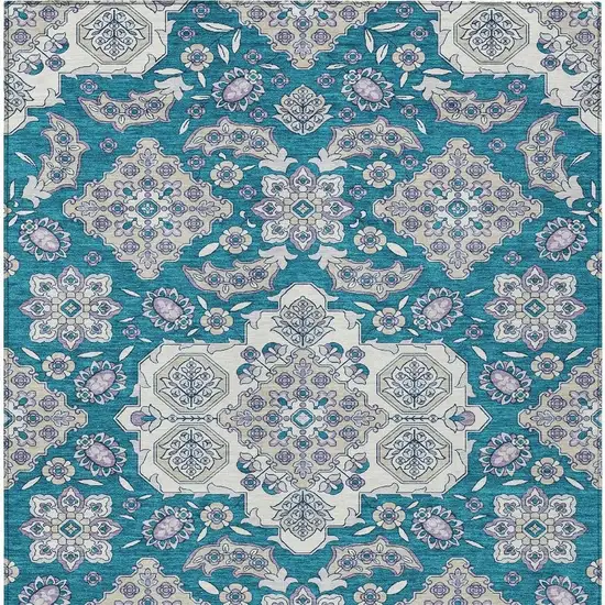 Teal Blue Ivory And Lavender Medallion Washable Indoor Outdoor Area Rug Photo 4