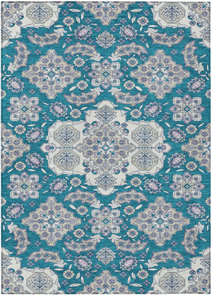 Teal Blue Ivory And Lavender Medallion Washable Indoor Outdoor Area Rug Photo 1