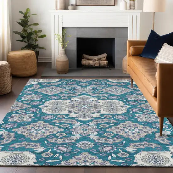 Teal Blue Ivory And Lavender Medallion Washable Indoor Outdoor Area Rug Photo 6