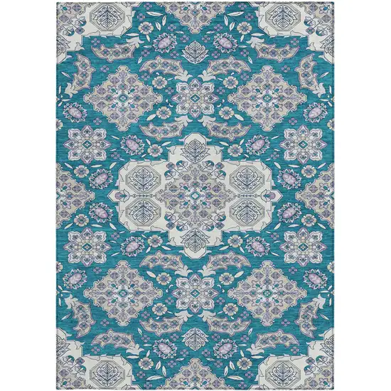 Teal Blue Ivory And Lavender Medallion Washable Indoor Outdoor Area Rug Photo 3