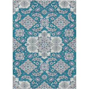 Photo of Teal Blue Ivory And Lavender Medallion Washable Indoor Outdoor Area Rug