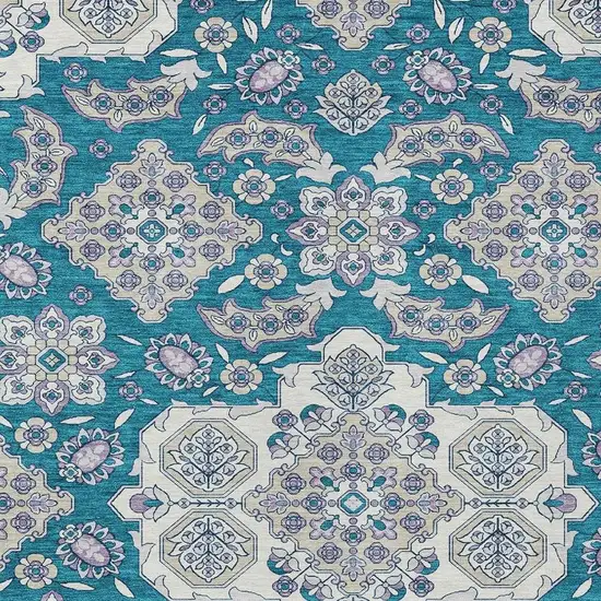 Teal Blue Ivory And Lavender Medallion Washable Indoor Outdoor Area Rug Photo 4