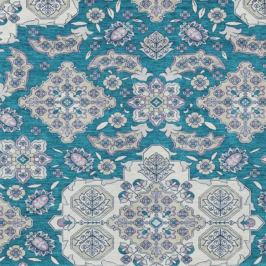 Teal Blue Ivory And Lavender Medallion Washable Indoor Outdoor Area Rug Photo 4