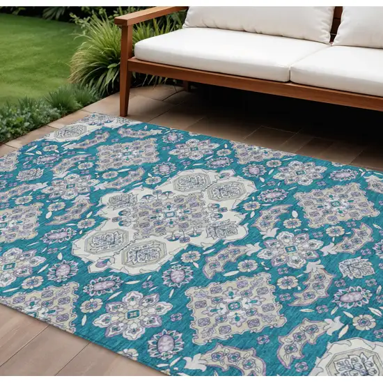 Teal Blue Ivory And Lavender Medallion Washable Indoor Outdoor Area Rug Photo 2