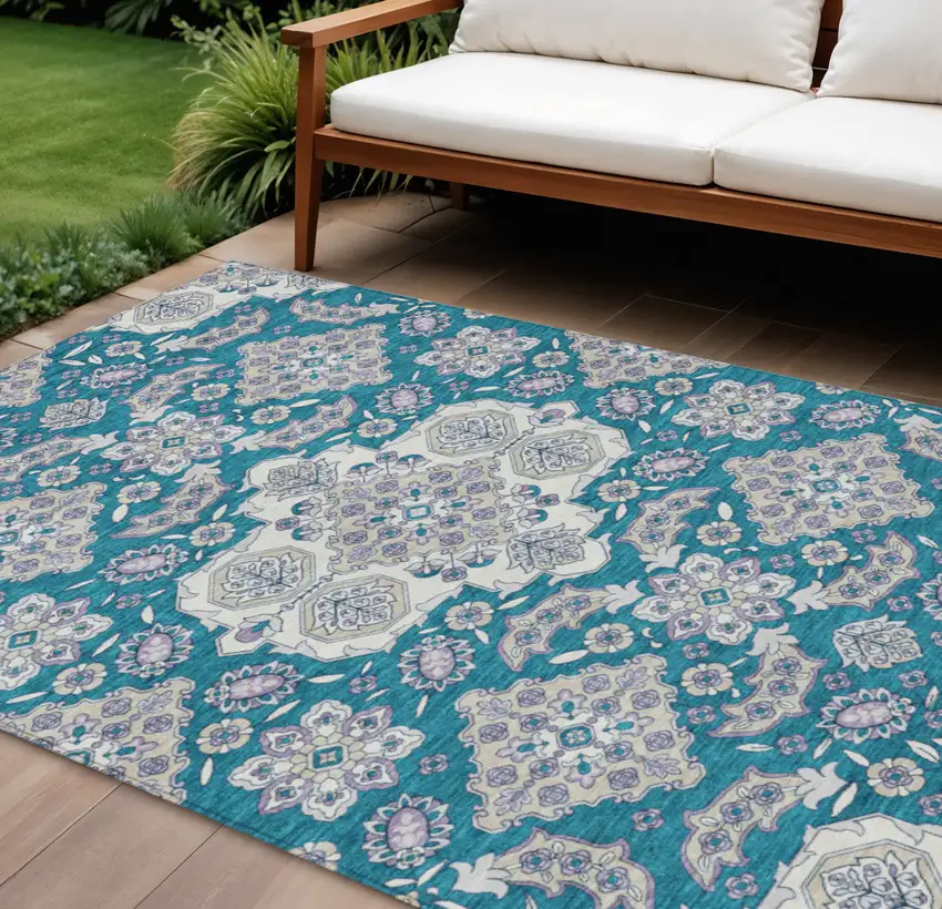Teal Blue Ivory And Lavender Medallion Washable Indoor Outdoor Area Rug Photo 2