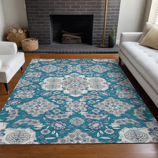 Teal Blue Ivory And Lavender Medallion Washable Indoor Outdoor Area Rug Photo 7