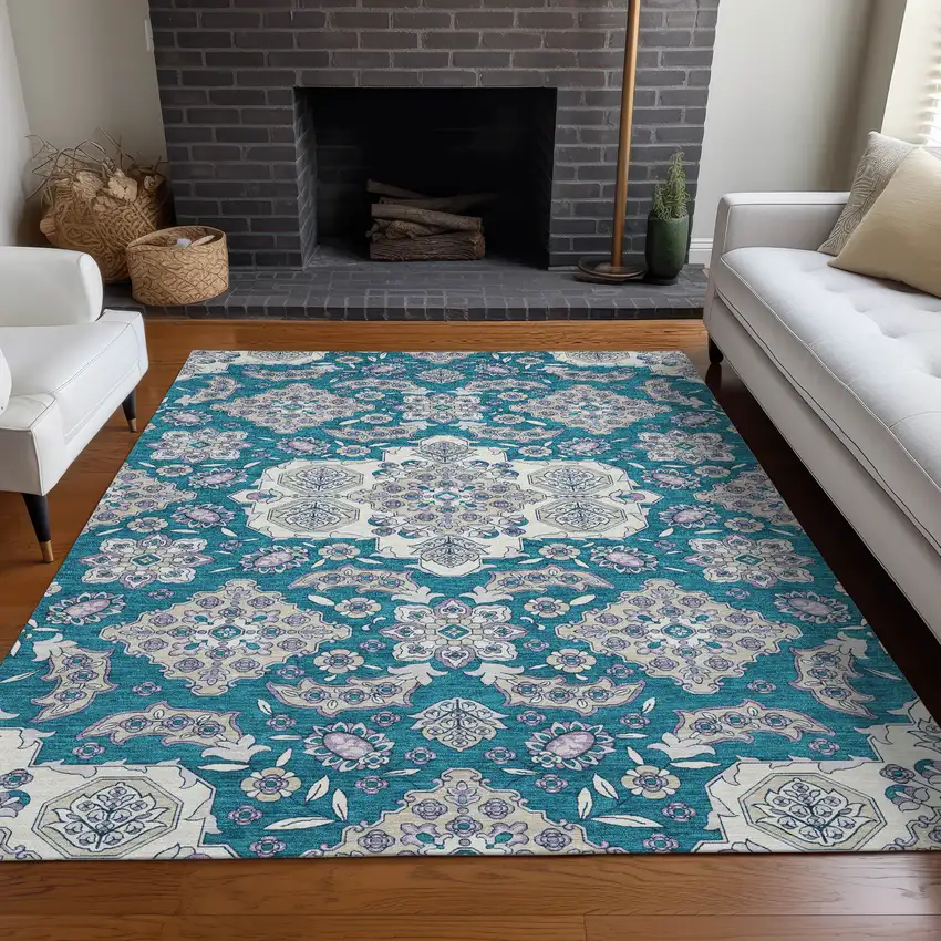 Teal Blue Ivory And Lavender Medallion Washable Indoor Outdoor Area Rug Photo 7