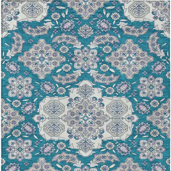 Teal Blue Ivory And Lavender Medallion Washable Indoor Outdoor Area Rug Photo 9