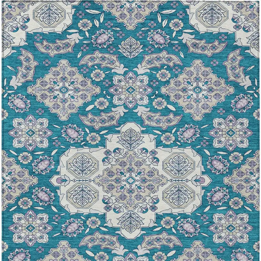 Teal Blue Ivory And Lavender Medallion Washable Indoor Outdoor Area Rug Photo 9