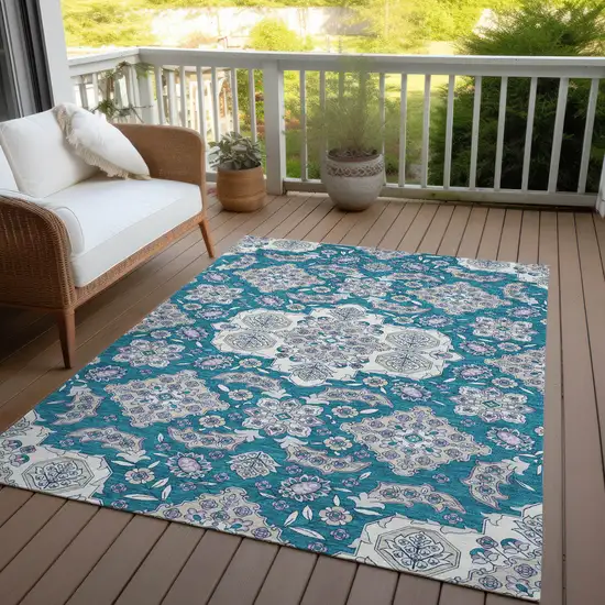 Teal Blue Ivory And Lavender Medallion Washable Indoor Outdoor Area Rug Photo 5