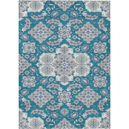 Teal Blue Ivory And Lavender Medallion Washable Indoor Outdoor Area Rug Photo 1