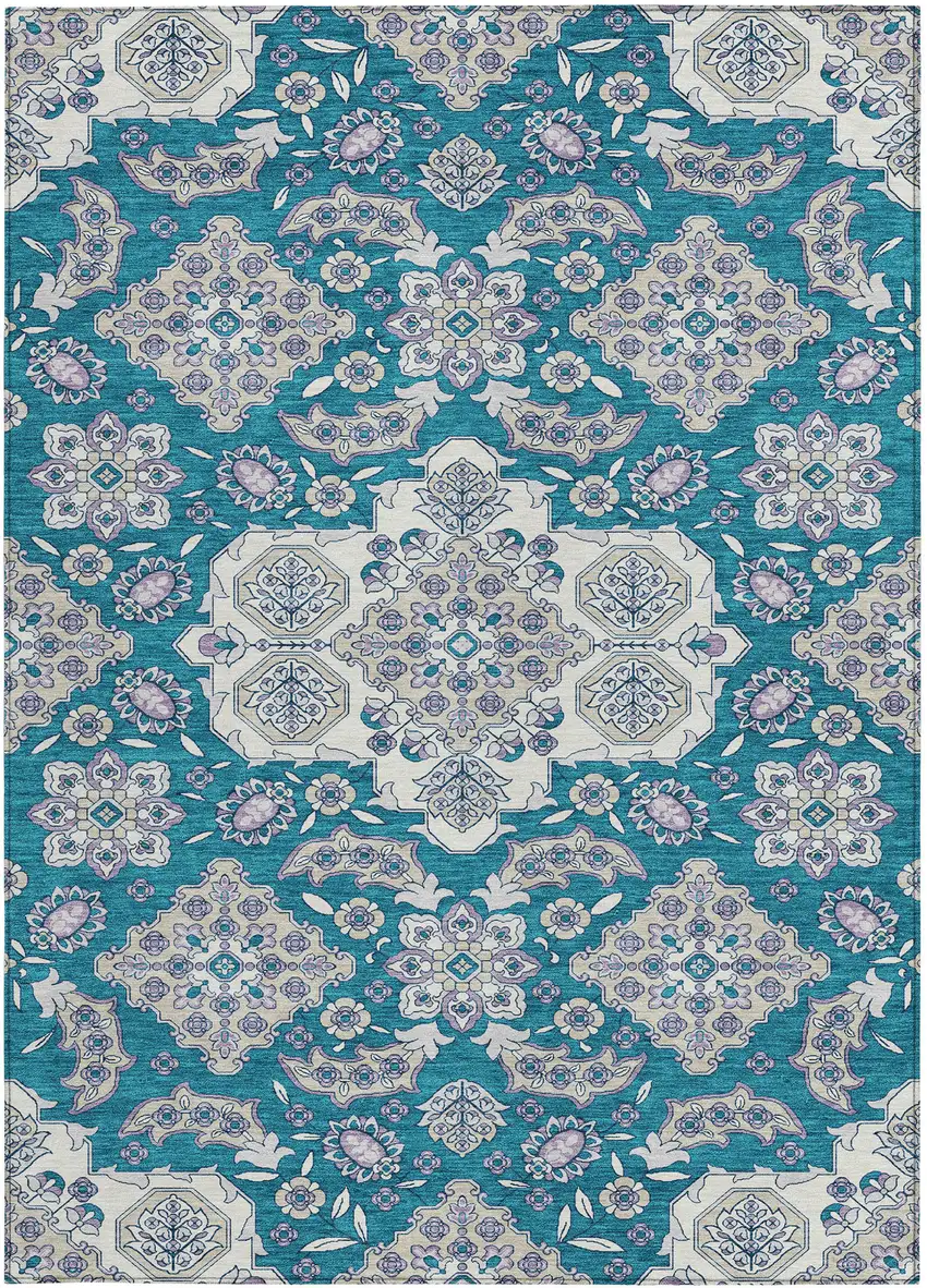 Teal Blue Ivory And Lavender Medallion Washable Indoor Outdoor Area Rug Photo 3