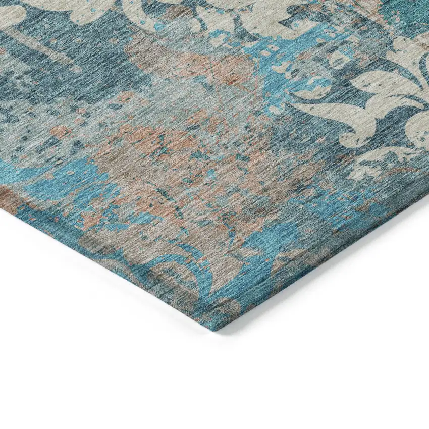 Teal Blue Ivory And Light Brown Damask Washable Indoor Outdoor Area Rug Photo 4