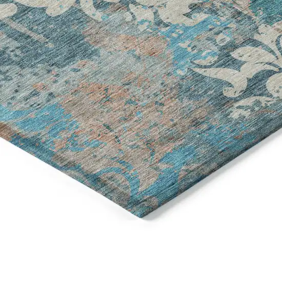 Teal Blue Ivory And Light Brown Damask Washable Indoor Outdoor Area Rug Photo 4