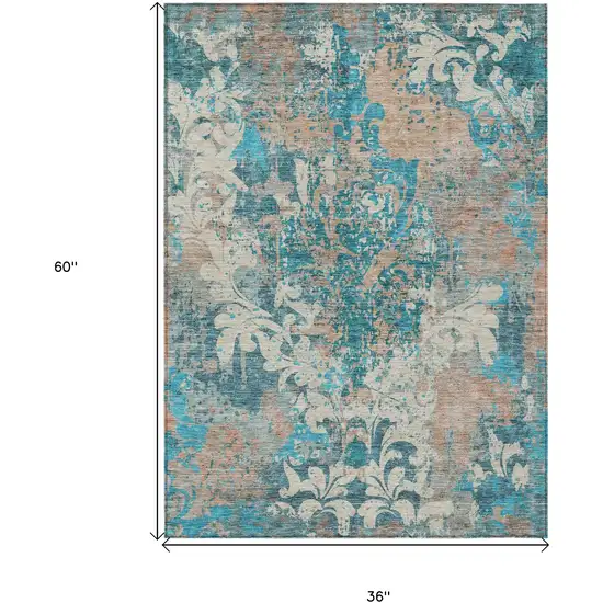 Teal Blue Ivory And Light Brown Damask Washable Indoor Outdoor Area Rug Photo 3