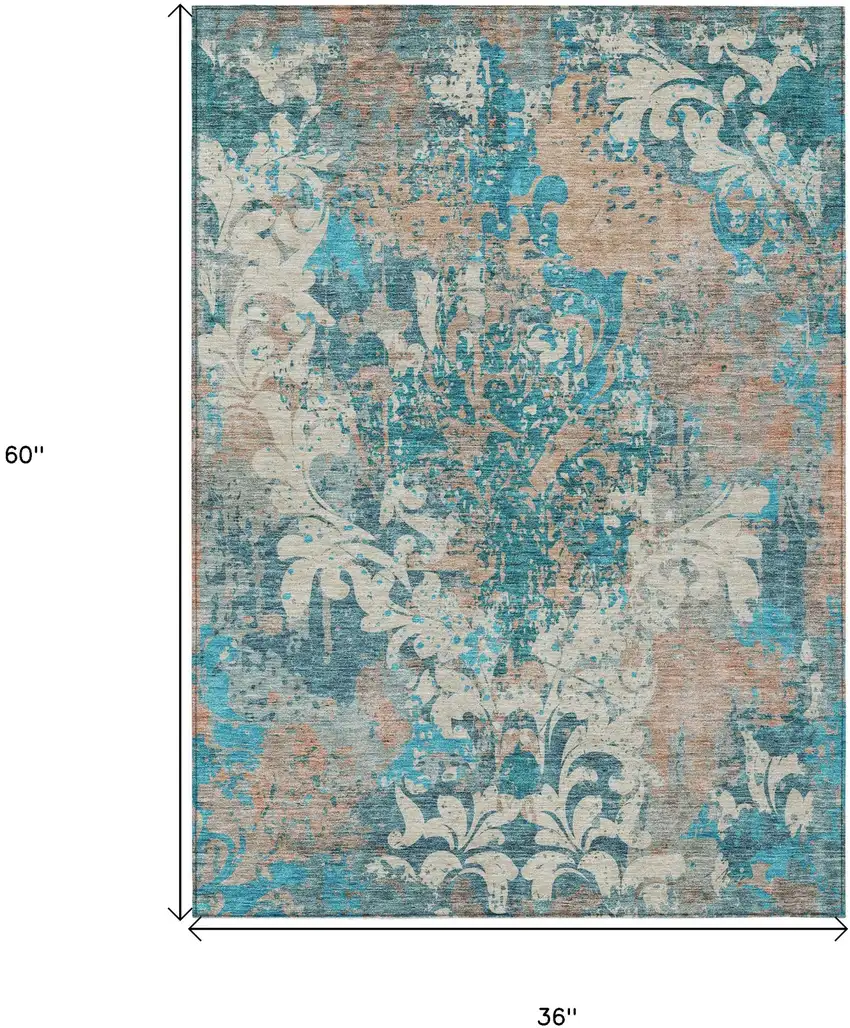 Teal Blue Ivory And Light Brown Damask Washable Indoor Outdoor Area Rug Photo 3