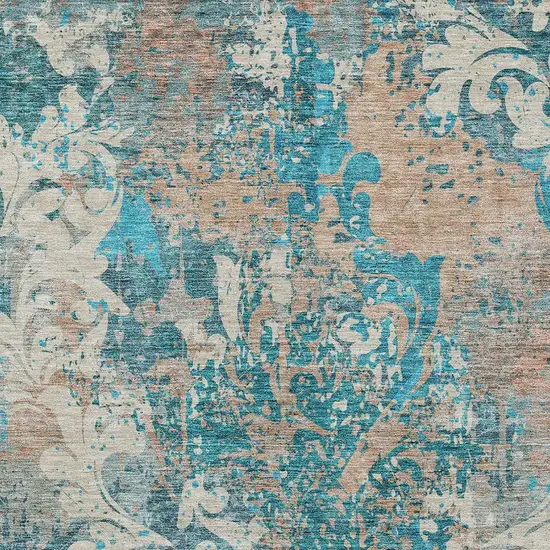 Teal Blue Ivory And Light Brown Damask Washable Indoor Outdoor Area Rug Photo 6