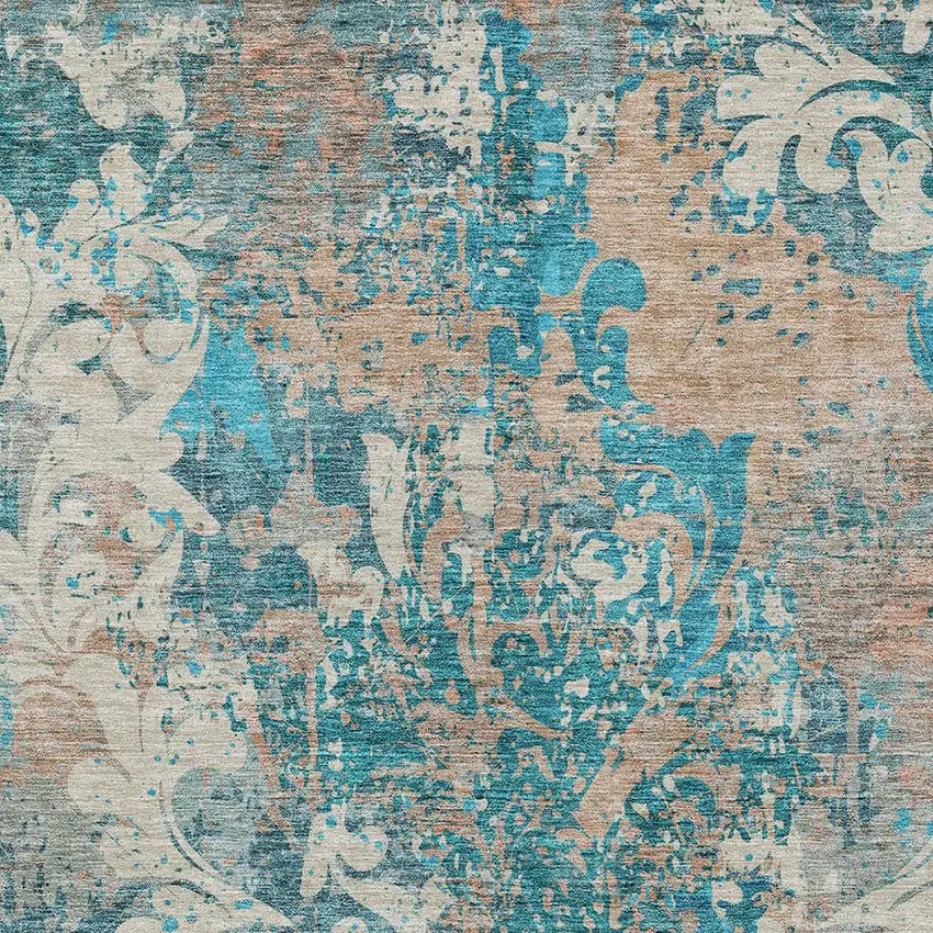 Teal Blue Ivory And Light Brown Damask Washable Indoor Outdoor Area Rug Photo 6