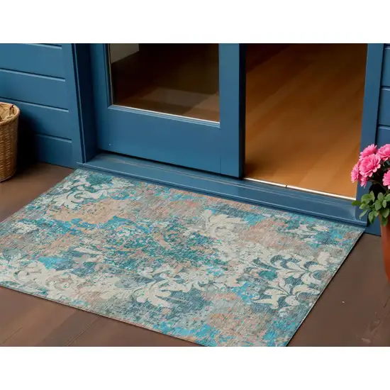 Teal Blue Ivory And Light Brown Damask Washable Indoor Outdoor Area Rug Photo 1