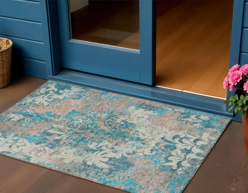 Teal Blue Ivory And Light Brown Damask Washable Indoor Outdoor Area Rug Photo 1